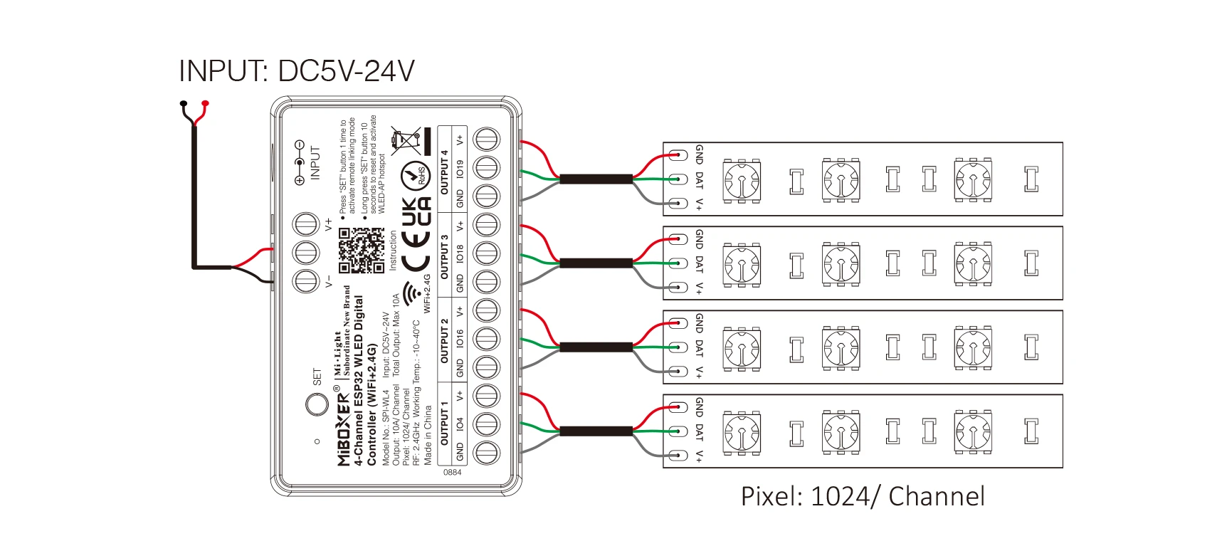 Mi-Light SPI-WL4 4-Channel ESP32 WLED Digital Controller (WiFi+2.4G) | products/5278-mi-light-spi-wl4-4-kanalig-esp32-wled-digital-styrenhet-wifi24g-2.webp