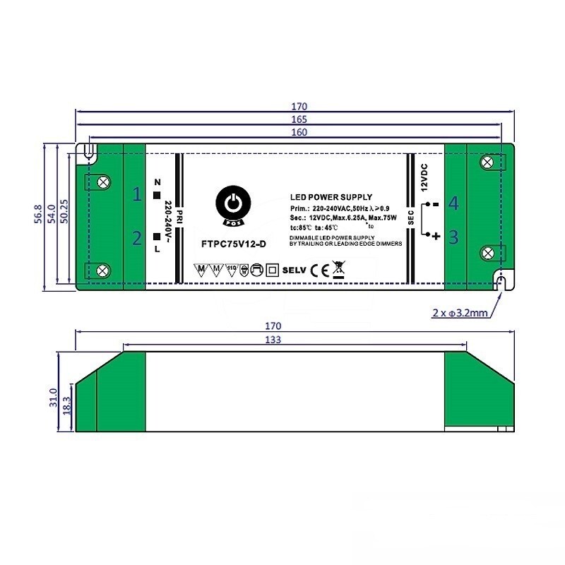 Power supply 12V, 75W, 6,25A, Dimmable - Image 4