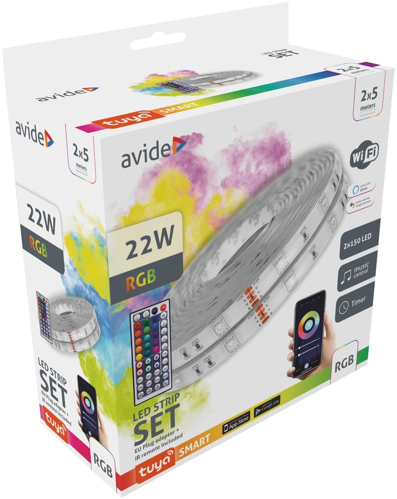 Avide LED strip smart 2x5m 12V 22W, Tuya - Music + IR fjärr
