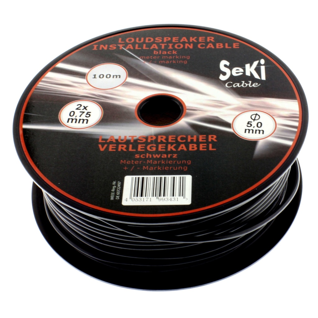 Kabel röd/svart mantlad svart 2 ledare 0.75mm² 100m