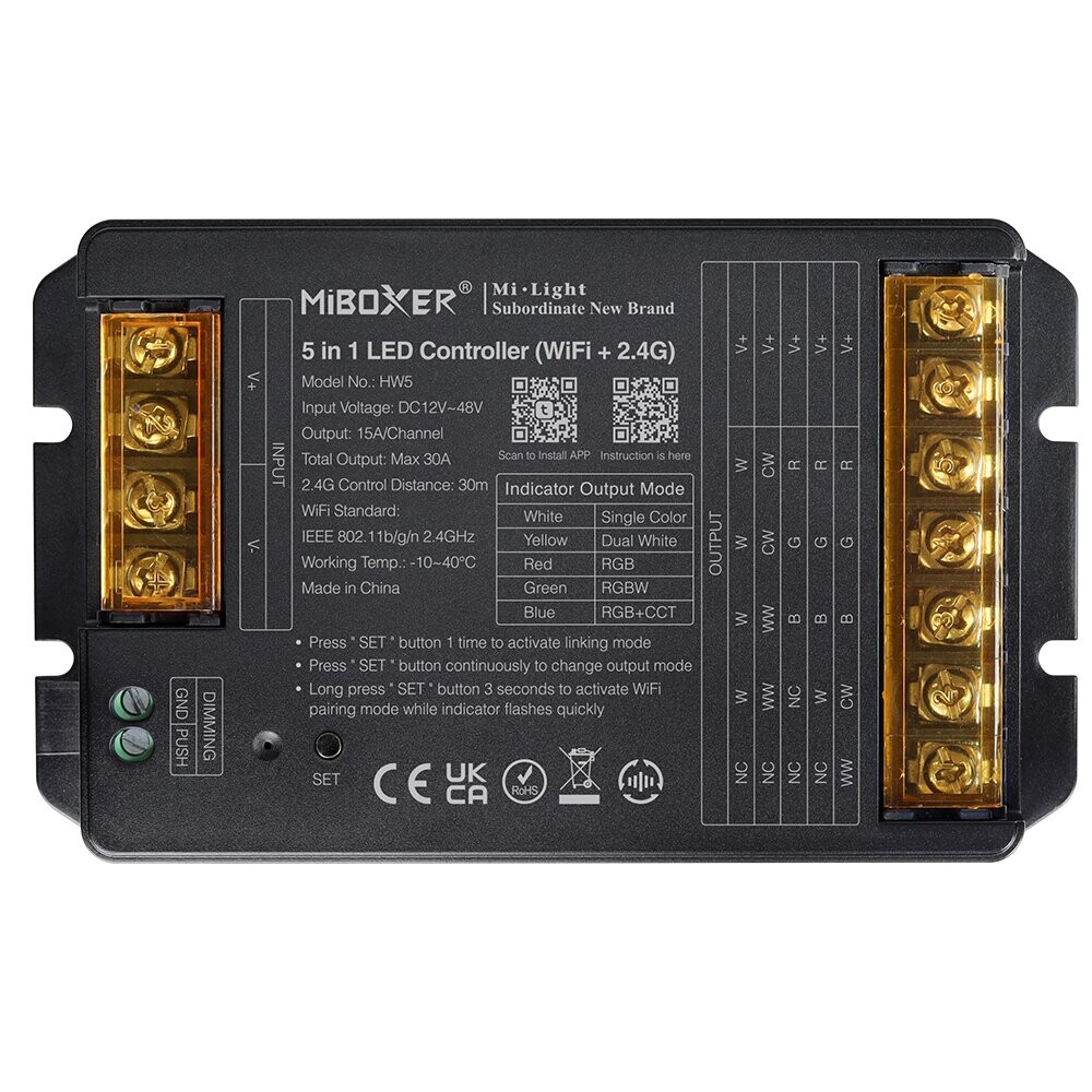 Mi-Light HW5 5 in 1 LED ohjain Max 30A (WiFi + 2.4G + Push + DMX512)