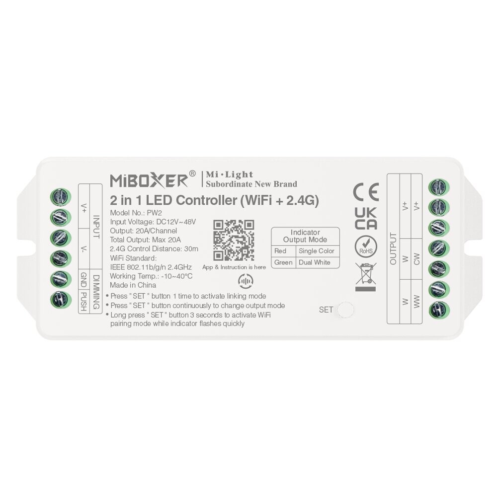 Mi-Light PW2 2 in 1 LED kontroller Max 20A (WiF i+ 2.4G + Push)