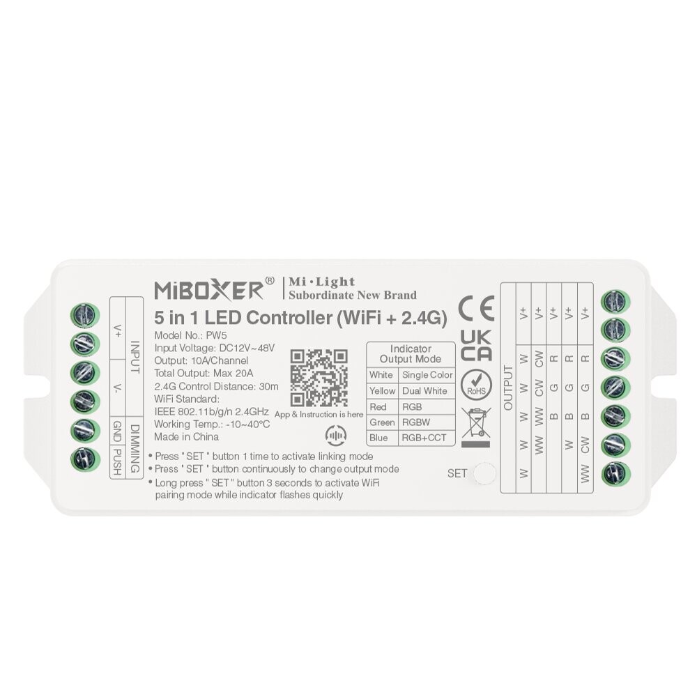 Mi-Light PW5 5 in 1 LED ohjain Max 20A (WiFi+ 2.4G + Push + DMX512)