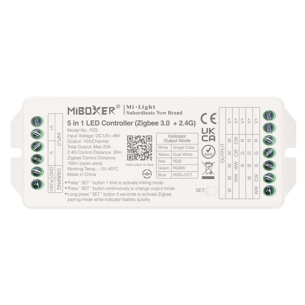 Mi-Light PZ5 5 in 1 LED kontroller Max 20A (Zigbee 3.0 + 2.4G + Push + DMX512)