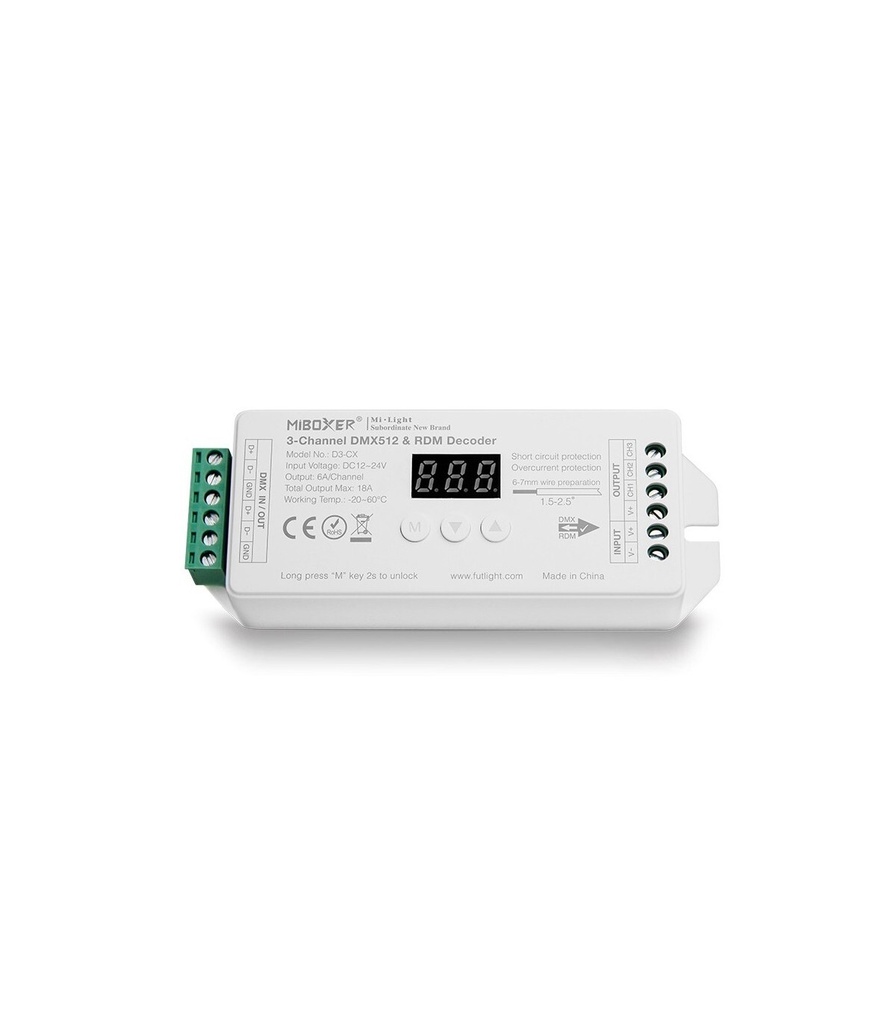 Mi-Light D3-CX DMX512 kolmitie vakiojännitedekooderiohjain (DMX 512)
